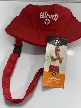 Adult Lifeguard Halloween Costume Kit Red Bucket Hat Belt Bag Whistle One Size